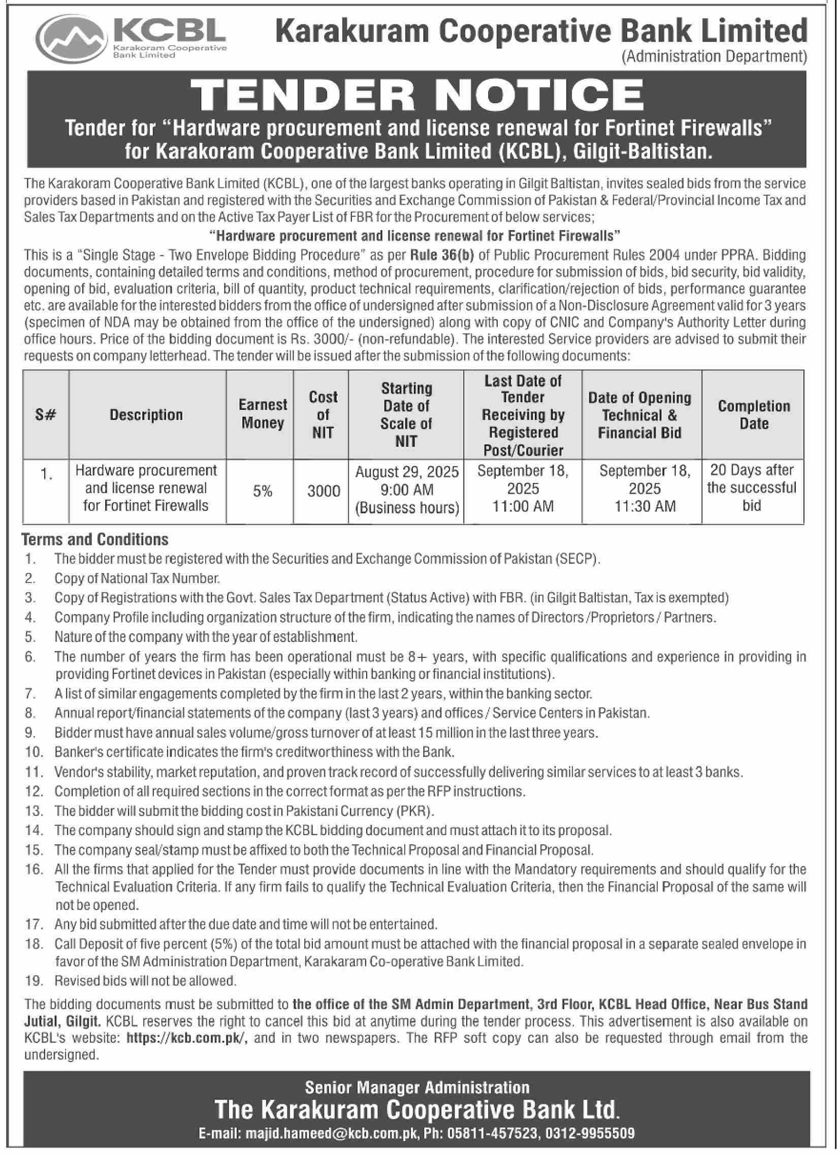 Karakuram Cooperative Bank Limited Gilgit Tender Notice